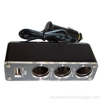 Three-dragged Cigarette Lighter Charger with USB Port, 12 to 24V Input Voltage and 500mA Current